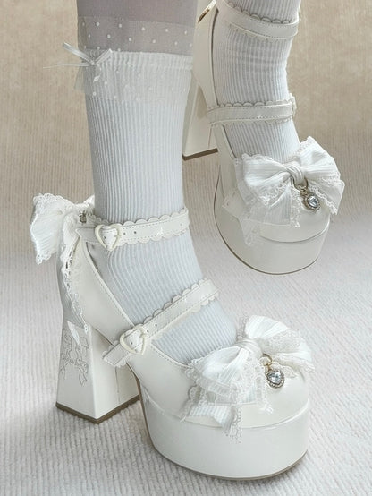 PU White Elegant Lolita Mary Janes - High Block Heel Design, Rhinestone Decor Bow & Striped Straps
