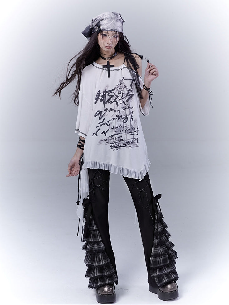 White Asymmetrical Neckline Ruffle Hem Graphic T-Shirt with Self-tie Strap Waist