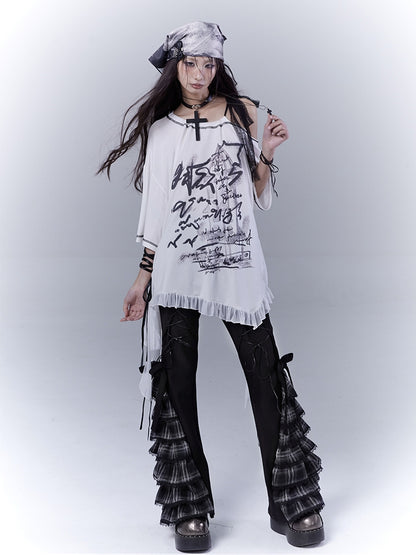 White Asymmetrical Neckline Ruffle Hem Graphic T-Shirt with Self-tie Strap Waist
