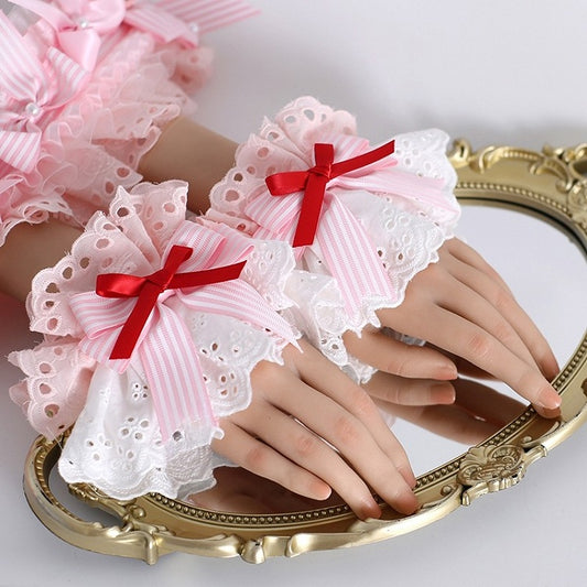 Pink Sweet Lolita Striped Pattern Bowknot Wrist Cuffs