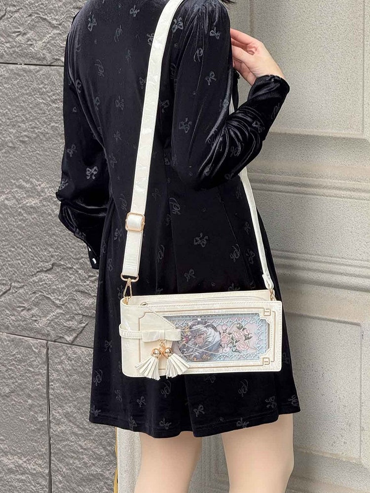 White PU Floral Pattern Cheongsam Style Ita Bag With Bow & Fringe Accent