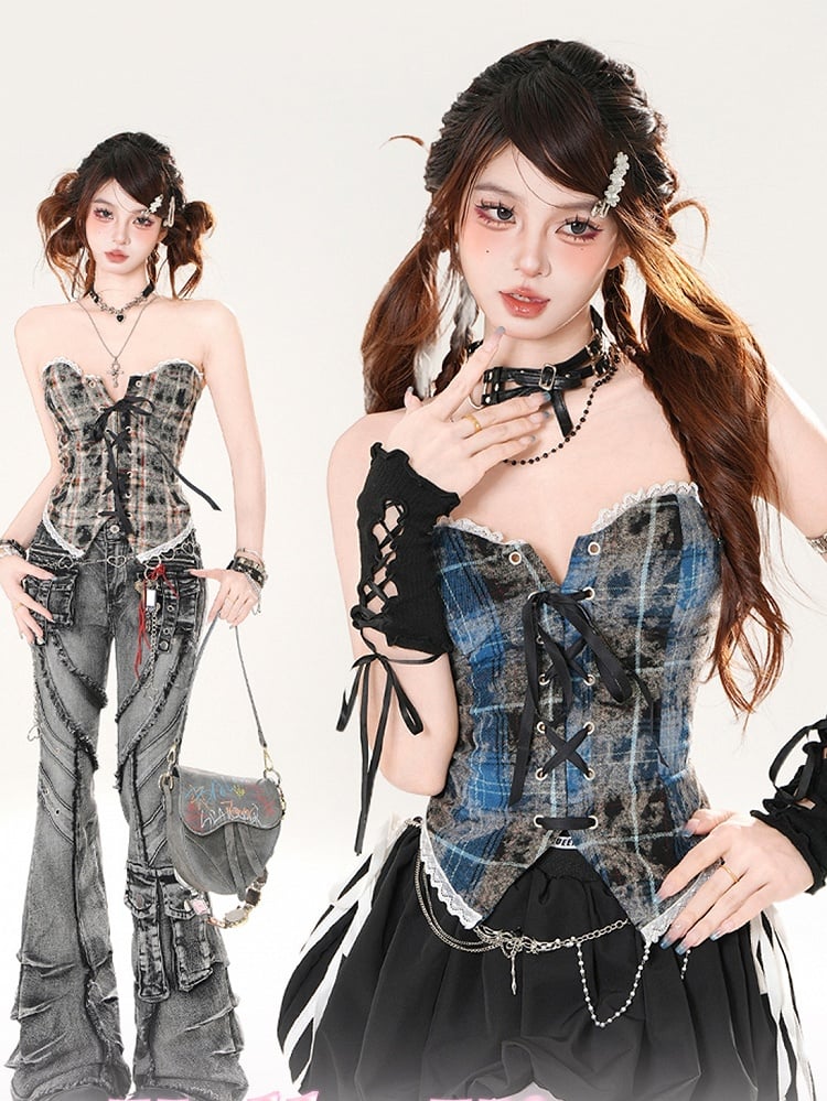 Brown/Blue Leopard and Plaid Pattern Lace-up Front Lace Trim Strapless Top