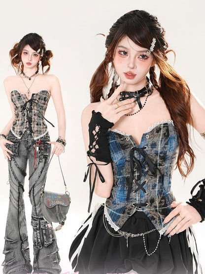 Brown/Blue Leopard and Plaid Pattern Lace-up Front Lace Trim Strapless Top