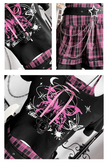 Black and Pink Punk Rock Idol Set- Butterfly Print Halter Top+ Plaid Skirt+ Buckle Belt+ Waist Chain