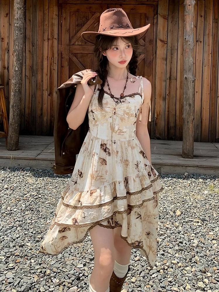 Vintage Butterfly Print Handkerchief Hem Apricot Tie Dye Spaghetti Strap Dress