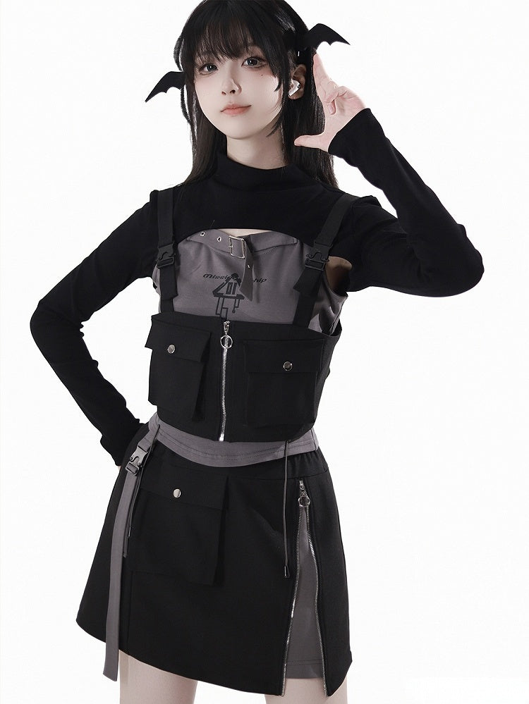 Black Pocket Details Techwear Zip-up Vest Snap Shoulder Straps