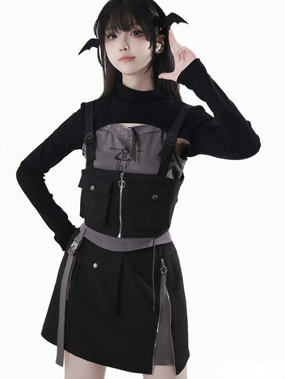 Black Pocket Details Techwear Zip-up Vest Snap Shoulder Straps