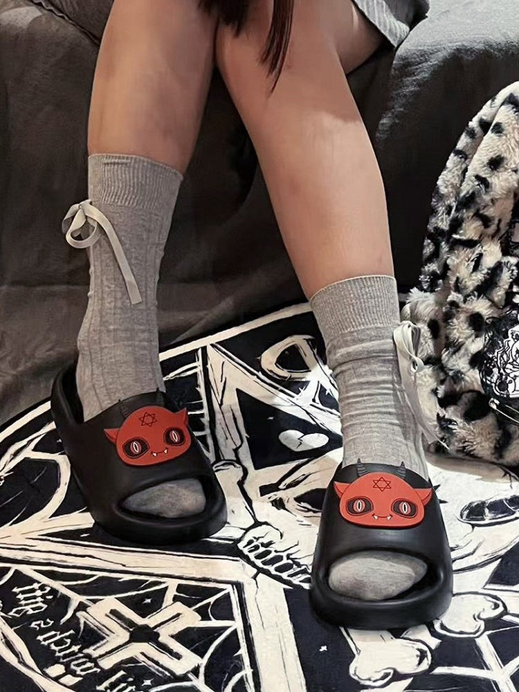 Black Gothic Summer Slippers With Red Devil Applique