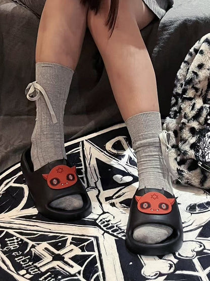 Black Gothic Summer Slippers With Red Devil Applique