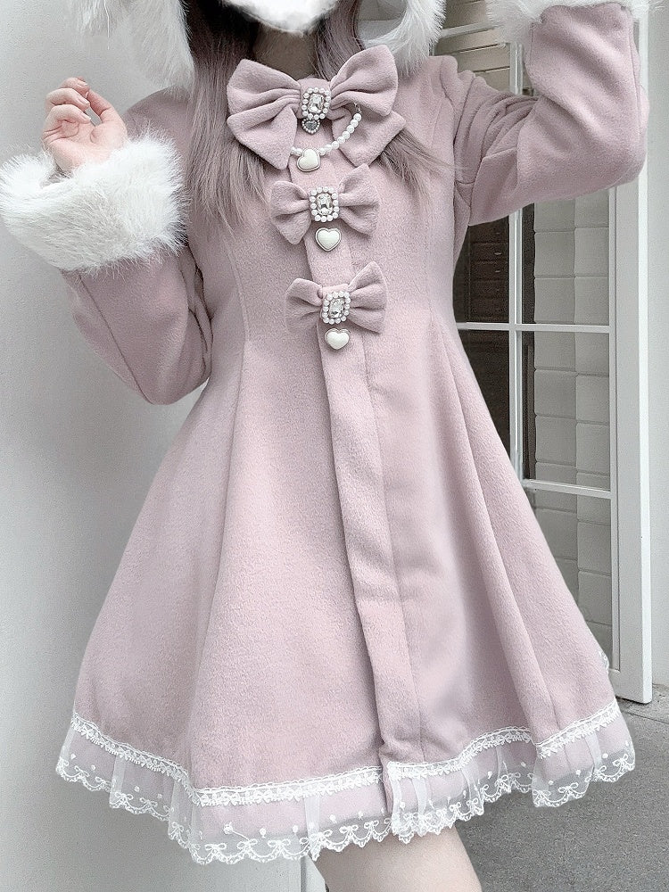 Jirai Kei Pink A-Line Waisted Coat | Detachable Plush Bunny Ear Hood & Bowknots