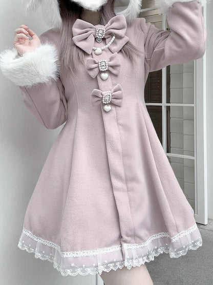 Jirai Kei Pink A-Line Waisted Coat | Detachable Plush Bunny Ear Hood & Bowknots