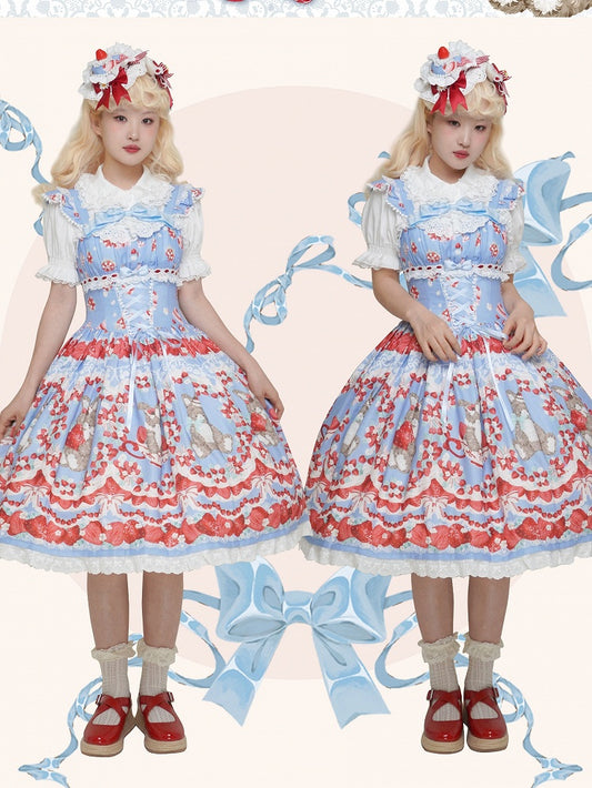 Strawberry and Bunny Print Lace-up Front Blue Cottagecore Country Lolita Dress Flutter Sleeves Jumper Skirt
