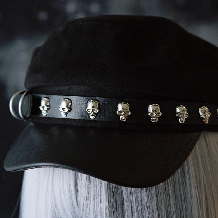Black Gothic Skeleton Decorated Buckle Design Beret Hat