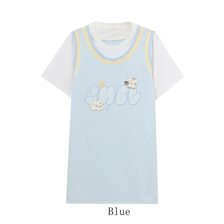 Cute Puppy Embroidery Apricot/Blue Colorblock Design Loose T-shirt Faux Two-pieces