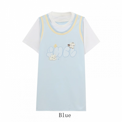 Cute Puppy Embroidery Apricot/Blue Colorblock Design Loose T-shirt Faux Two-pieces