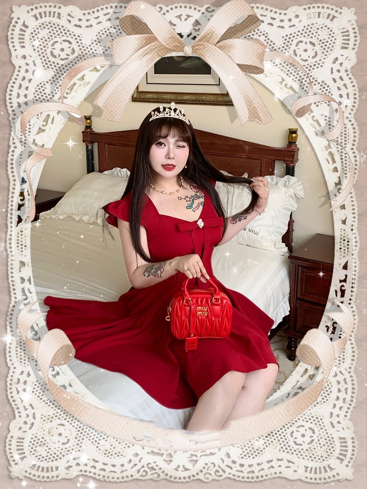 Plus Size V-neck Flutter Sleeves Big Bow Front Red Dress