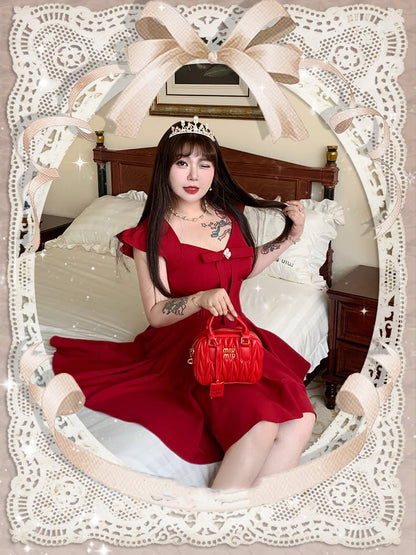 Plus Size V-neck Flutter Sleeves Big Bow Front Red Dress