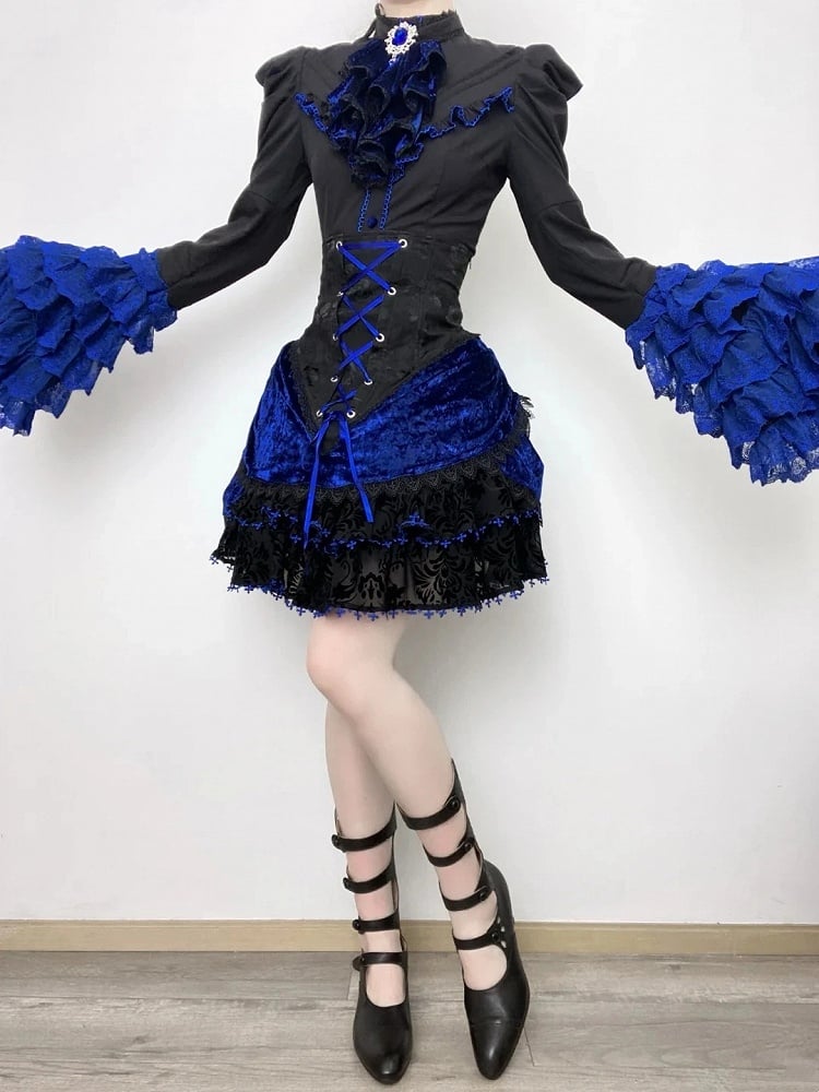 Black and Klein Blue Gothic Lolita Full Set - Long Bell Sleeves Shirt + Boned High Waist Skirt + Jabot Tie + Mini Hat