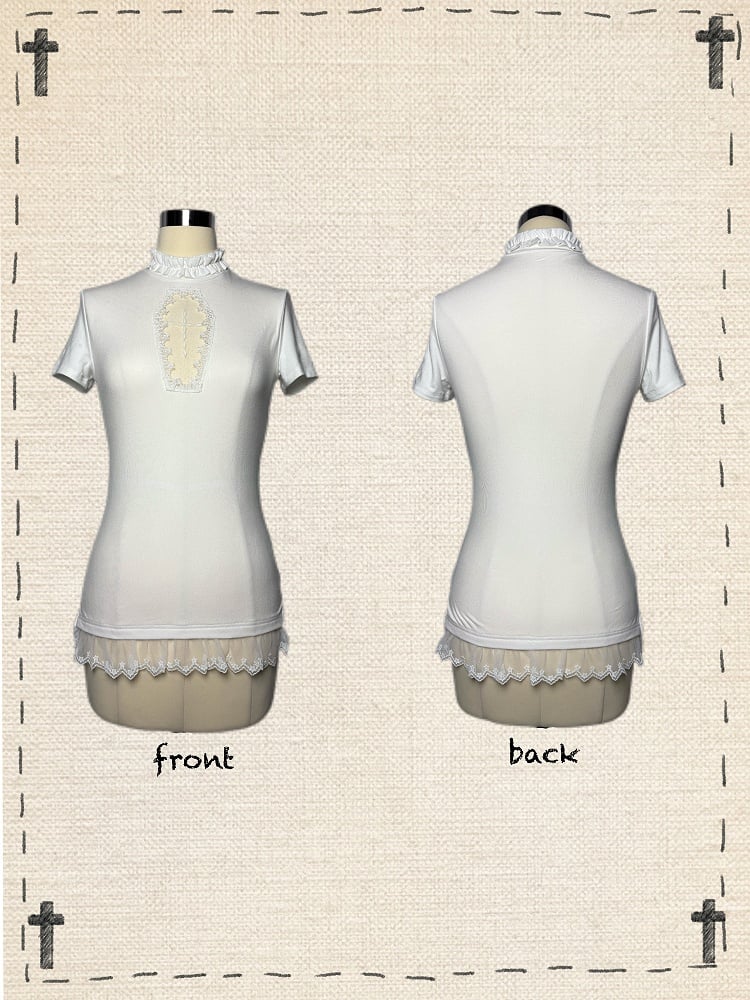 Gothic Black/White Mock Neck Coffin-Shaped Cutout T-Shirt