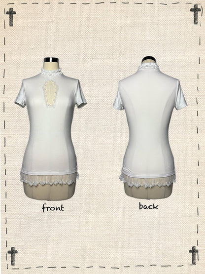 Gothic Black/White Mock Neck Coffin-Shaped Cutout T-Shirt