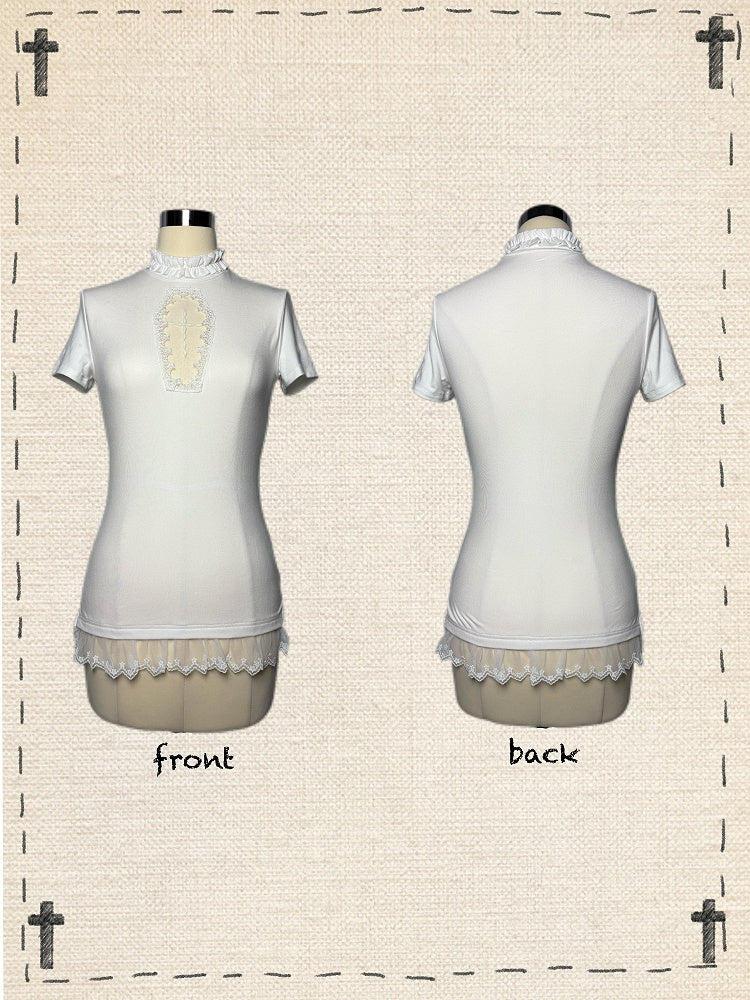 Gothic Black/White Mock Neck Coffin-Shaped Cutout T-Shirt