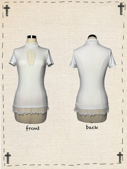 Gothic Black/White Mock Neck Coffin-Shaped Cutout T-Shirt