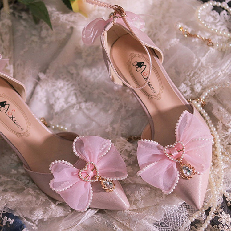 Pink Beaded Bowknot Accents Pointed Toe Hime Lolita Middle Heels