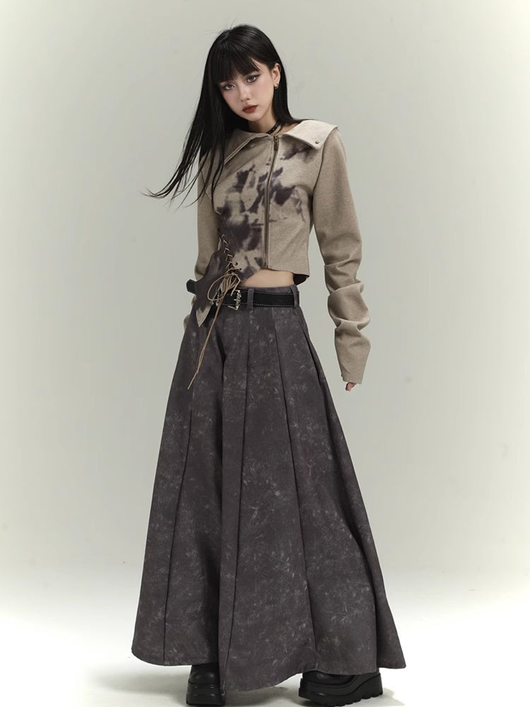 Wasteland Punk Khaki Asymmetrical Hem Cropped Jacket with Lace-up Detail at Front