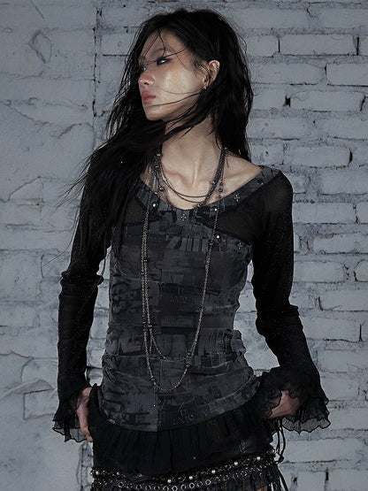 Black&Gray/Beige Wasteland Punk Star And Studs Decorated Lace Trim T-shirt