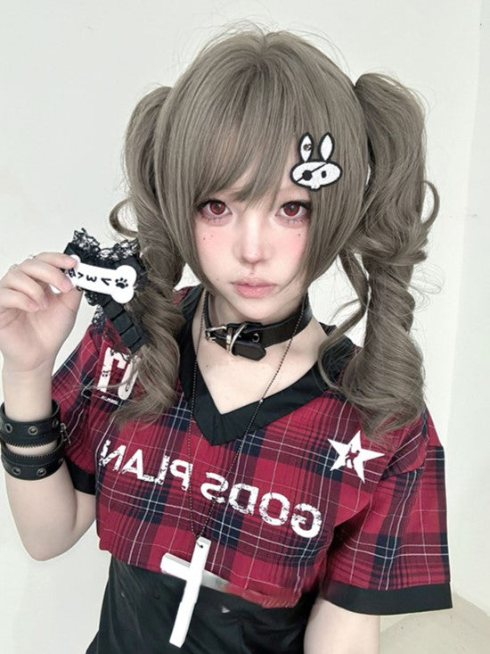 Gray Brown 30CM Length Synthetic Wig With Double Ponytail Claw Clips