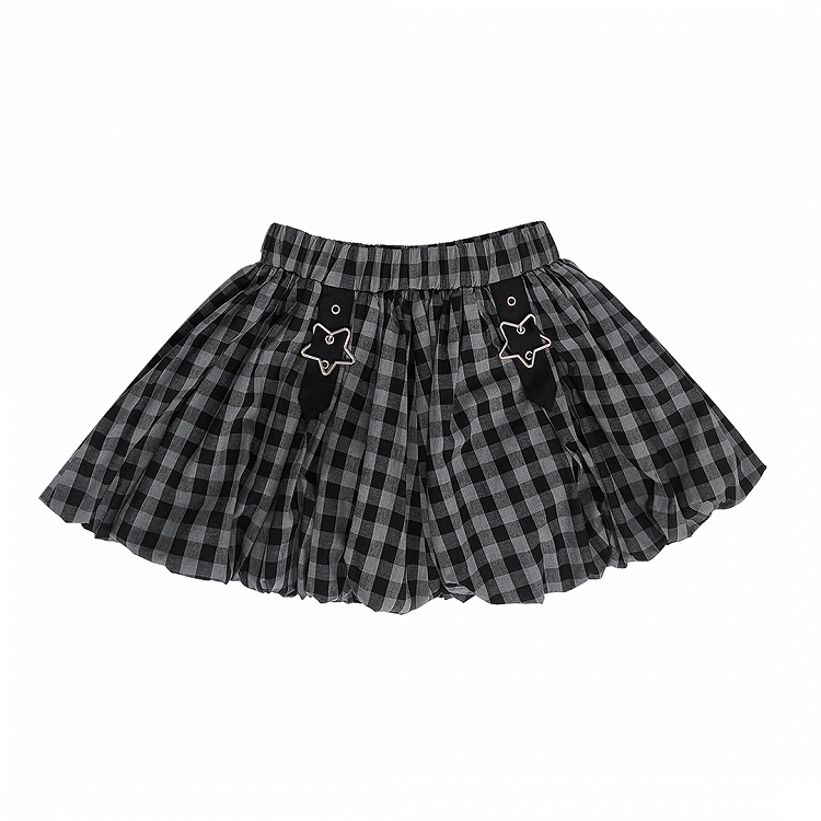 Y2K Star Buckles Black & Red / Black & Gray Plaid Bubble Skirt