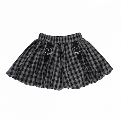 Y2K Star Buckles Black & Red / Black & Gray Plaid Bubble Skirt