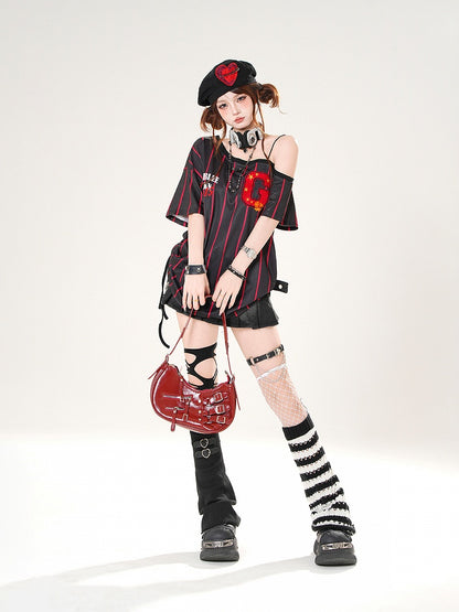 Asymmetrical Neckline Blokette Core White/Black Striped T-shirt