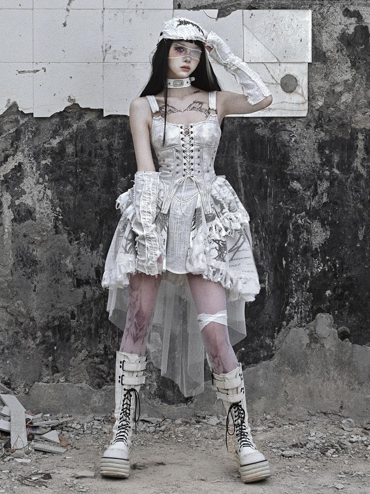 Grey Punk Corset Bodice Dress with Detachable Tulle Train