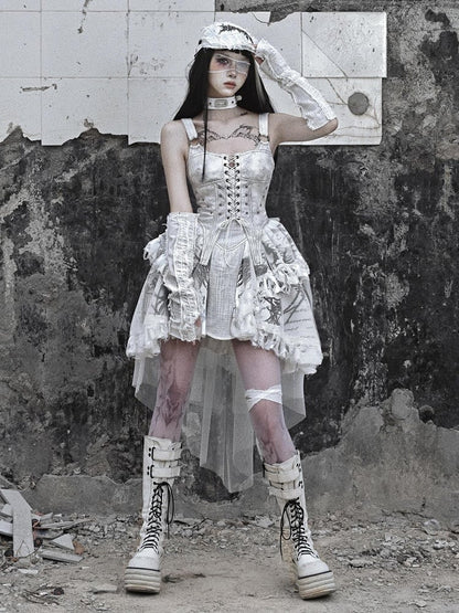 Grey Punk Corset Bodice Dress with Detachable Tulle Train