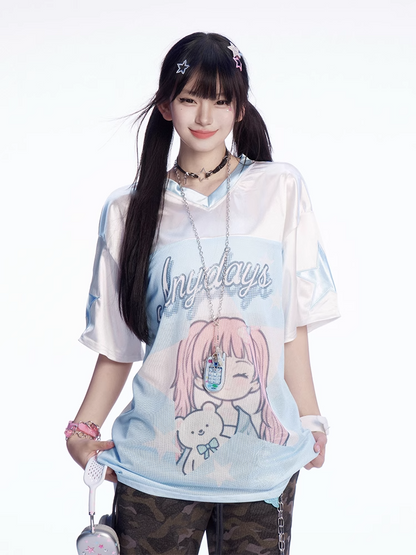 Blue and White Colorblock Design V-Neck Cartoon Girl Print Loose T-shirt