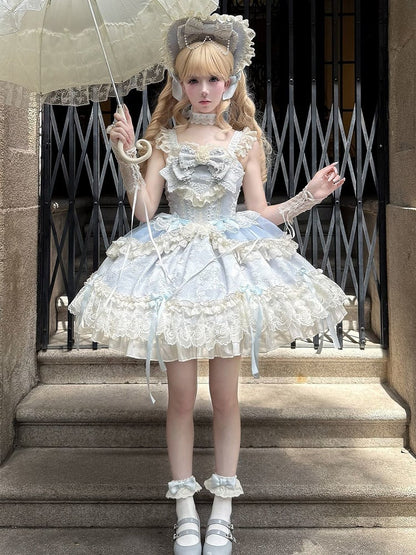 Blue Jacquard Fabric Sweet Bow Accents Dress Lolita Jumper Skirt
