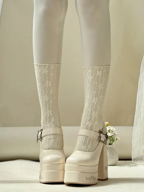 Bowknot Embroidery Butterfly-shaped Buckle Beige Platform Mary Janes High Block Heels