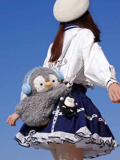 Light Gray Cute Penguin Plush Backpack/Crossbody Bag + 4 Options Keychain Middle/Large Size