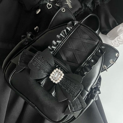 Jirai Kei Black Cat Ear Backpack With Beaded and Rhinestone Bow