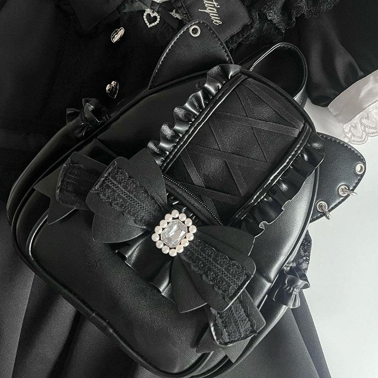 Jirai Kei Black Cat Ear Backpack With Beaded and Rhinestone Bow