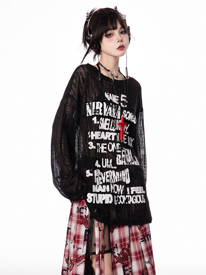 Vintage Letter Print Black/Apricot Round Neck Semi-sheer Coverup