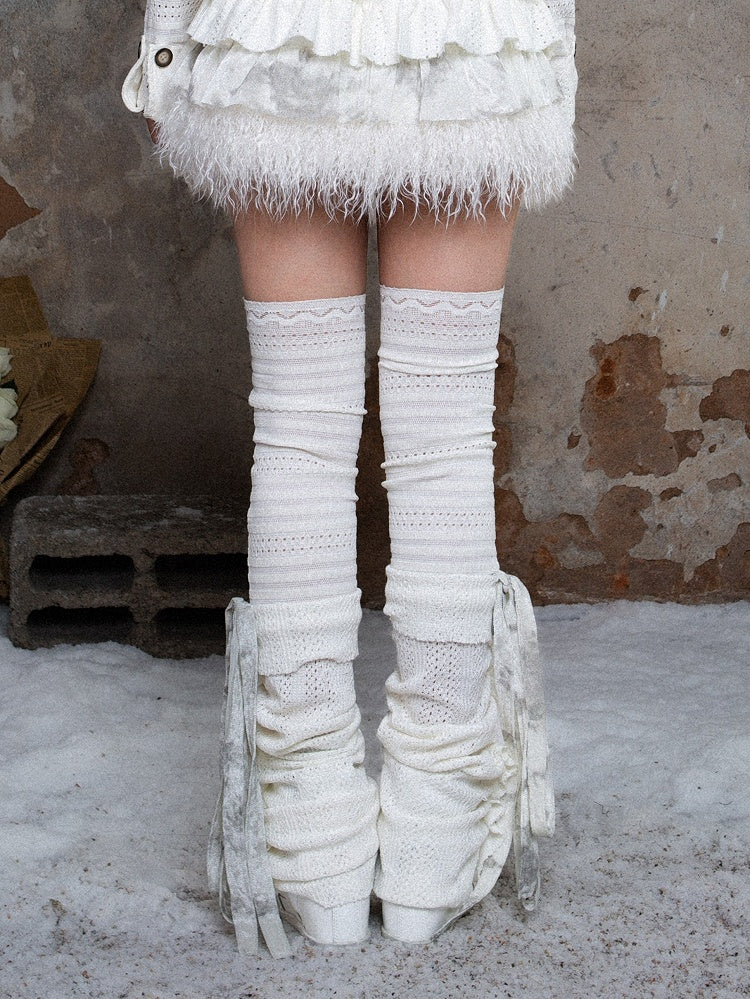 Y2K Beige Knit Leg Warmers with Self-tie Straps & Side Button