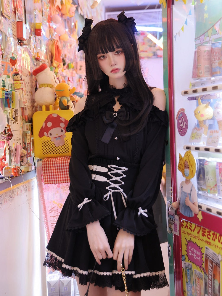 Jirai Kei Open Shoulders Long Sleeves Black Lace Blouse