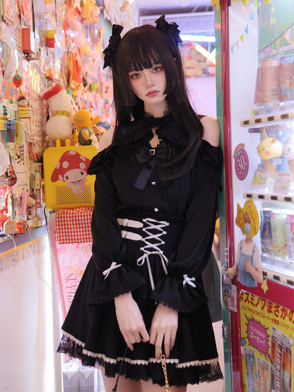 Jirai Kei Open Shoulders Long Sleeves Black Lace Blouse