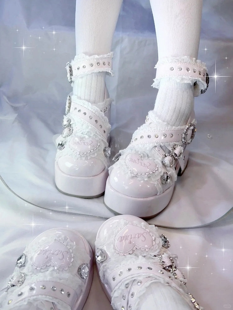 Jirai Kei Pink Platform Heels: Criss-Cross Buckle Straps with Lace & Rhinestone Decor - Chunky High Block Heel