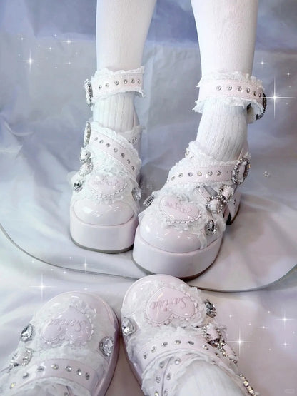 Jirai Kei Pink Platform Heels: Criss-Cross Buckle Straps with Lace & Rhinestone Decor - Chunky High Block Heel