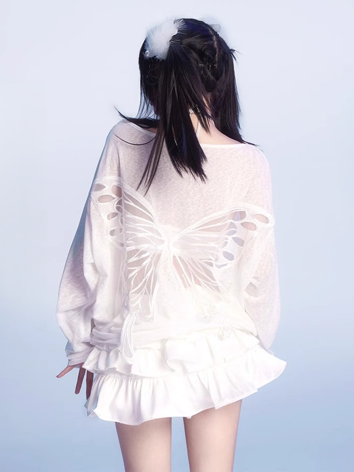 Butterfly-shaped Cutout White Asymmetrical Neckline Semi-sheer Coverup