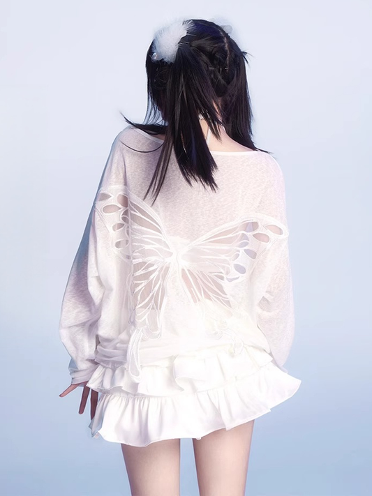 Butterfly-shaped Cutout White Asymmetrical Neckline Semi-sheer Coverup