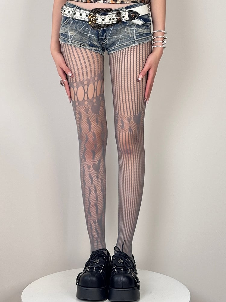 Black/White/Gray/Brown Asymmetrical Design Cut-out Details Tights